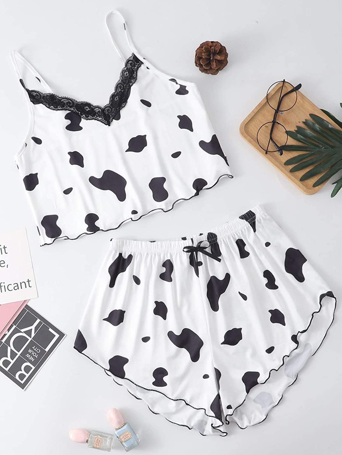 Shein Women'S Cow Print Sleepwear Lace Frill Trim Crop Cami Top and Shorts Pajama Set Apparel & Accessories > Clothing > Sleepwear & Loungewear Kylie Max