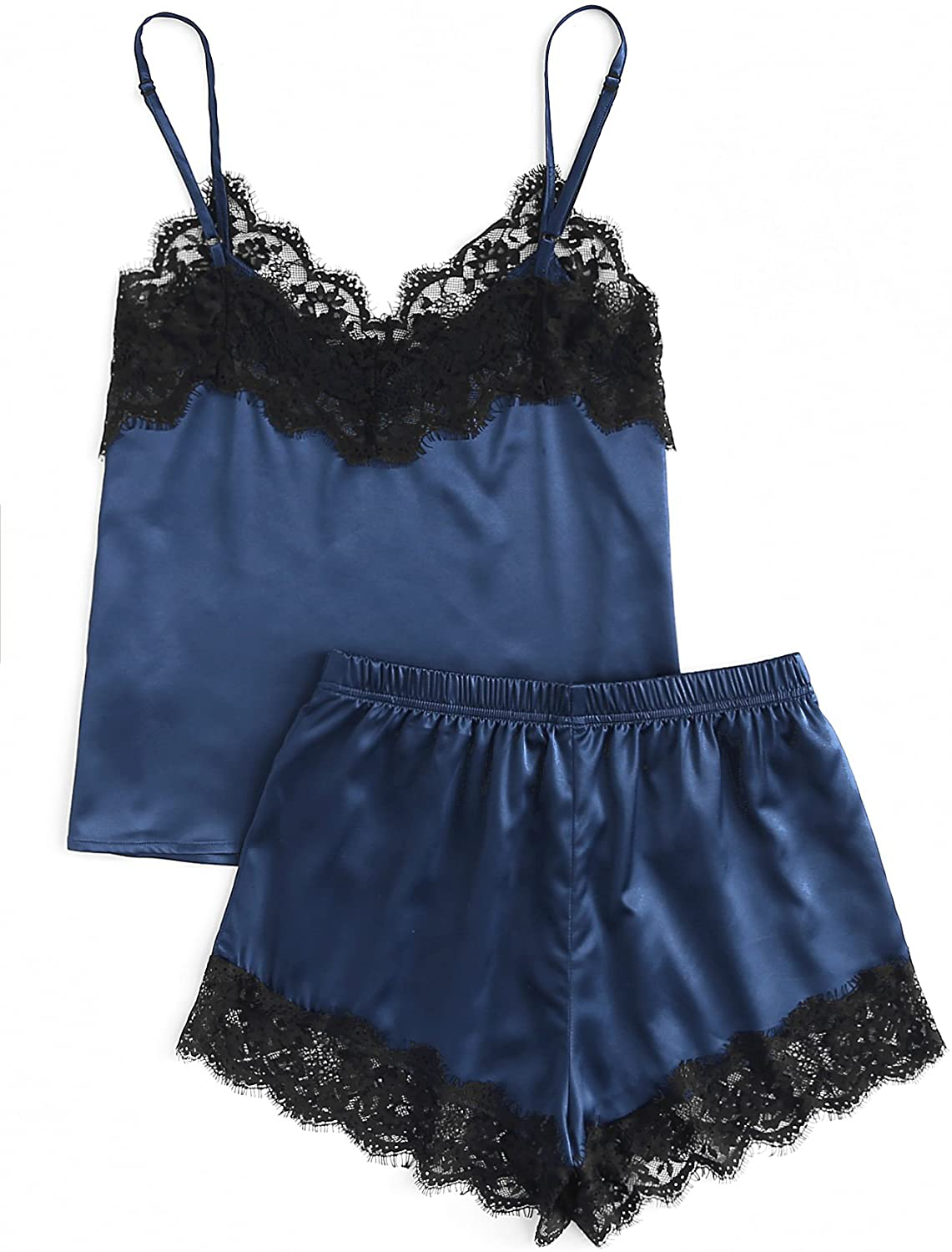 Makemechic Women'S Lace Satin Sleepwear Cami Top and Shorts Pajama Set Apparel & Accessories > Clothing > Sleepwear & Loungewear Kylie Max