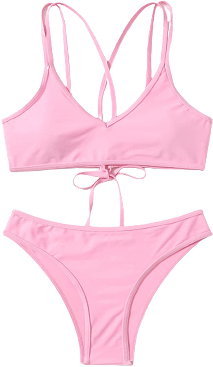 SweatyRocks Women's Bathing Suits Spaghetti Strap Criss Cross Back Bikini Ribbed Swimsuit Apparel & Accessories > Clothing > Swimwear SweatyRocks Solid Pink Small