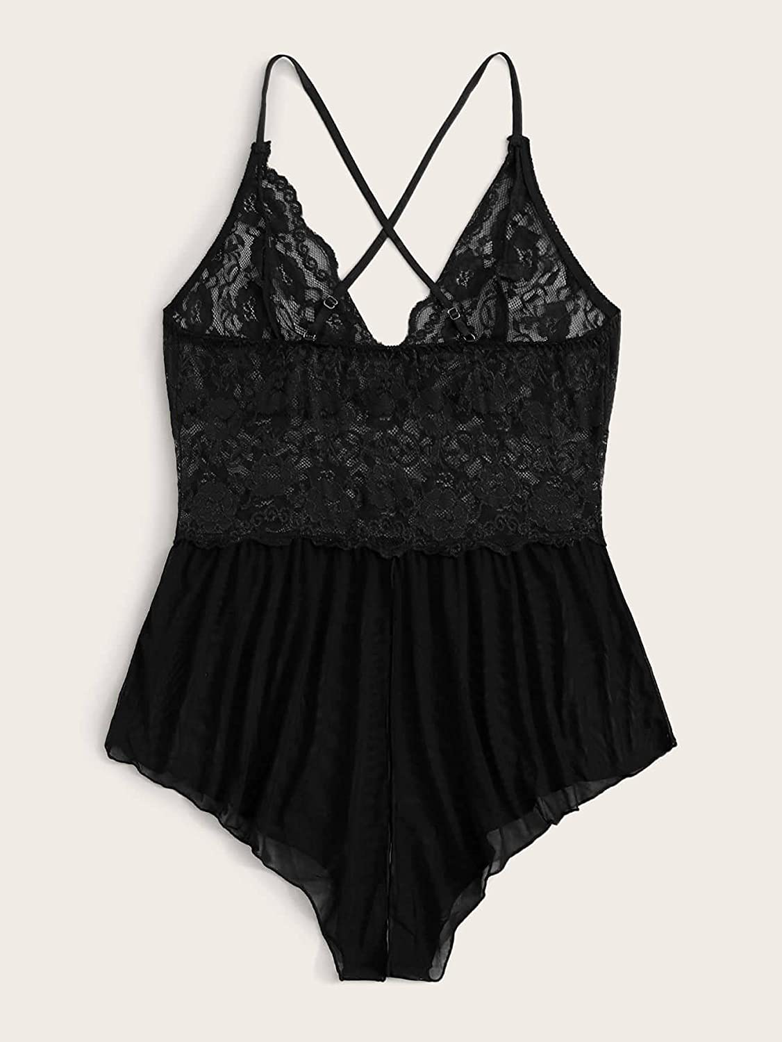 SOLY HUX Women's Plus Size Floral Lace Mesh Cross Back Lingerie Teddy Bodysuit Apparel & Accessories > Clothing > Underwear & Socks > Lingerie SOLY HUX