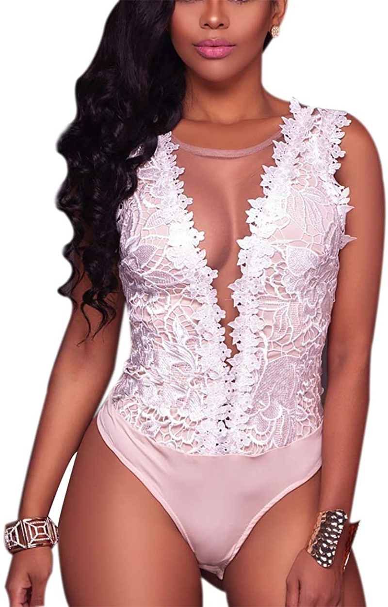 RARITYUS Women One Piece Sexy Lace Swimsuit Short Scoop Neck Jumpsuit Bodysuit See Through Mesh Teddies Apparel & Accessories > Clothing > Underwear & Socks > Lingerie RARITYUS White&pink Large