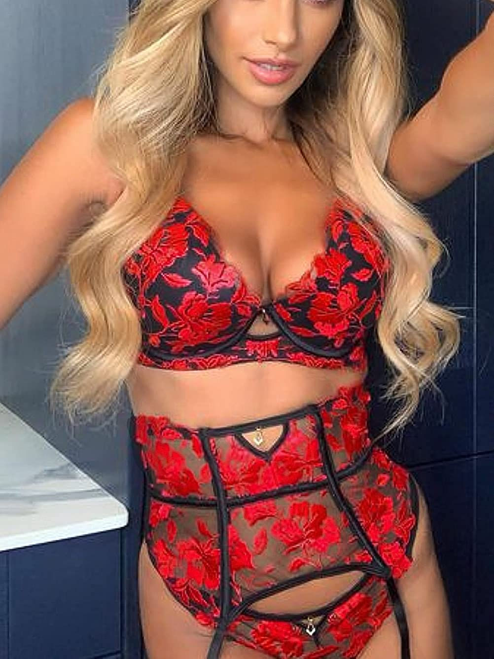 Kaei&Shi Heavily Embroidered Floral, High Waisted Belt, 3 Pieces Garter Lingerie Apparel & Accessories > Clothing > Underwear & Socks > Lingerie Kaei&Shi