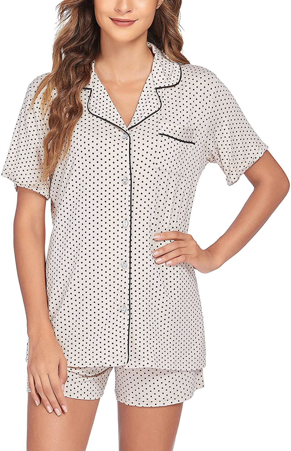 Ekouaer Pajamas Set Short Sleeve Sleepwear Womens Button Down Nightwear Soft Pj Lounge Sets XS-XXL Apparel & Accessories > Clothing > Sleepwear & Loungewear > Pajamas Ekouaer Pat23-a Khaki With Black Dot Small