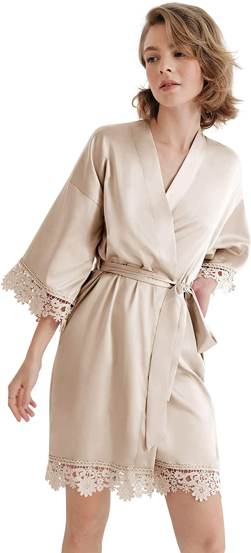 SIORO Women'S Satin Robe Lace Silk Kimono Robes Short for Bridesmaid Wedding Party Nightgown, Small~X-Large Apparel & Accessories > Clothing > Sleepwear & Loungewear > Robes KYLIE MAX Light Champagne Medium