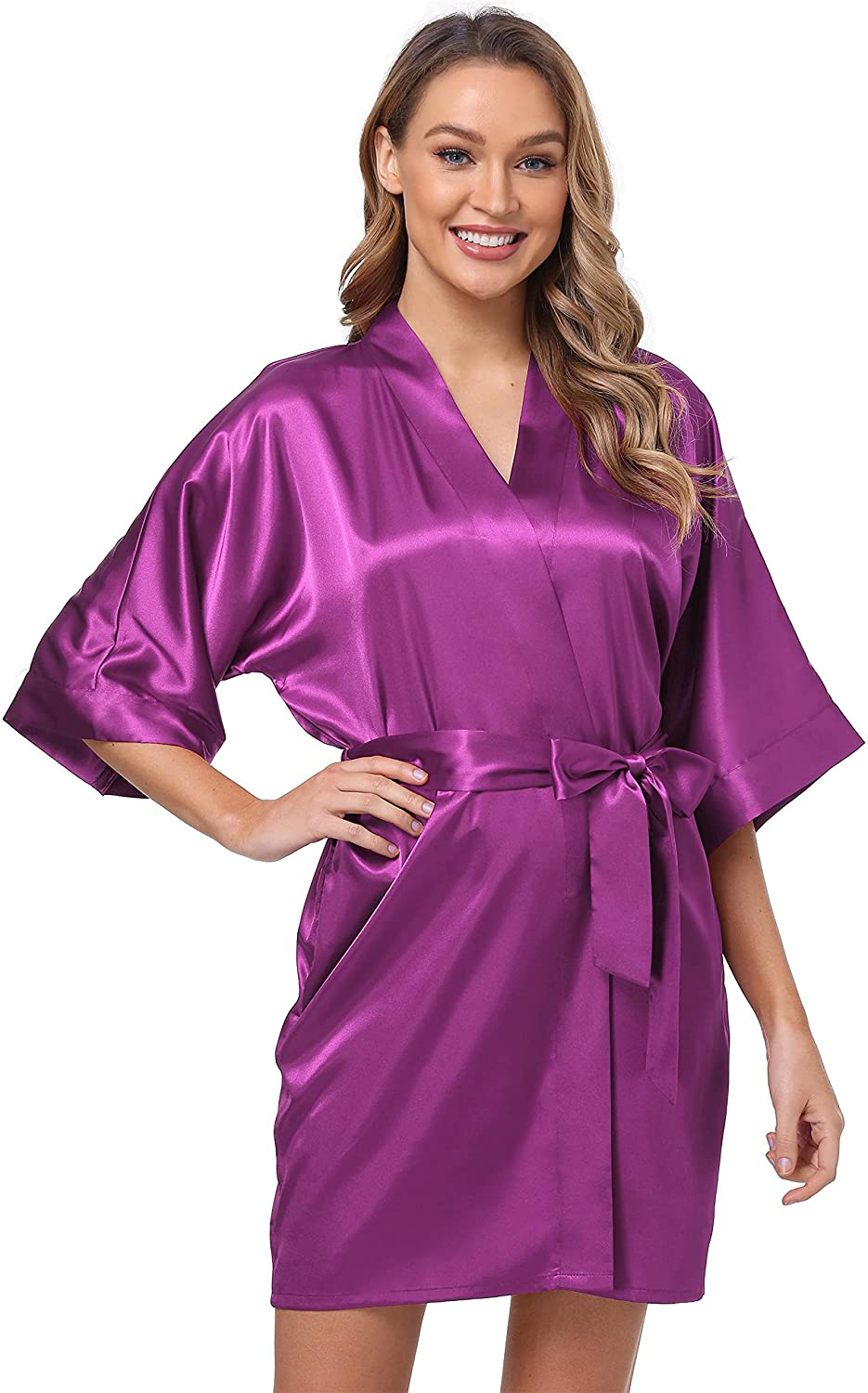 The Bund Women'S Short Robes Lace Bride Bridesmaids Sexy Bathrobe Satin Spa Robe Pure Color Apparel & Accessories > Clothing > Sleepwear & Loungewear > Robes The Bund Dark Purple Medium