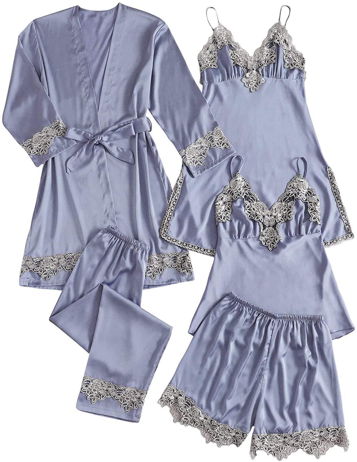 SOLY HUX Women'S Sleepwear 4Pcs Floral Print Satin Cami Pajama Set with Robe Apparel & Accessories > Clothing > Sleepwear & Loungewear Kylie Max