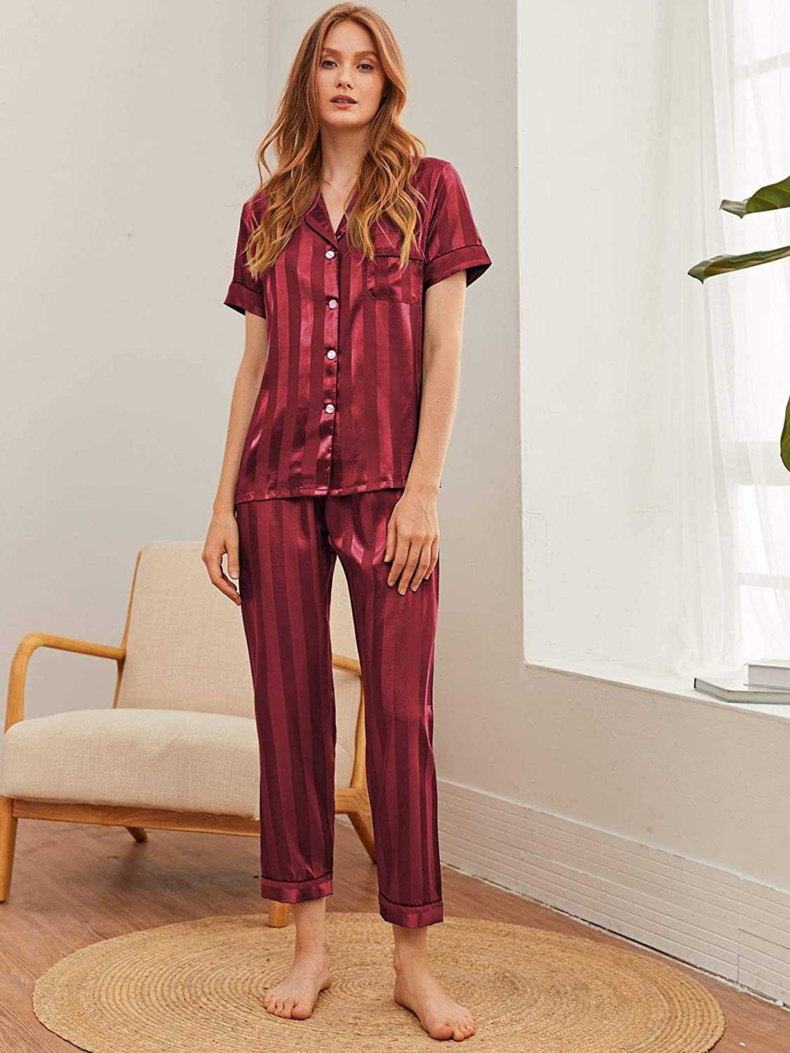 WDIRARA Women'S Silk Satin Pajama Set 4 Pieces Sleepwear Loungewear Pj Sets Apparel & Accessories > Clothing > Sleepwear & Loungewear Kylie Max