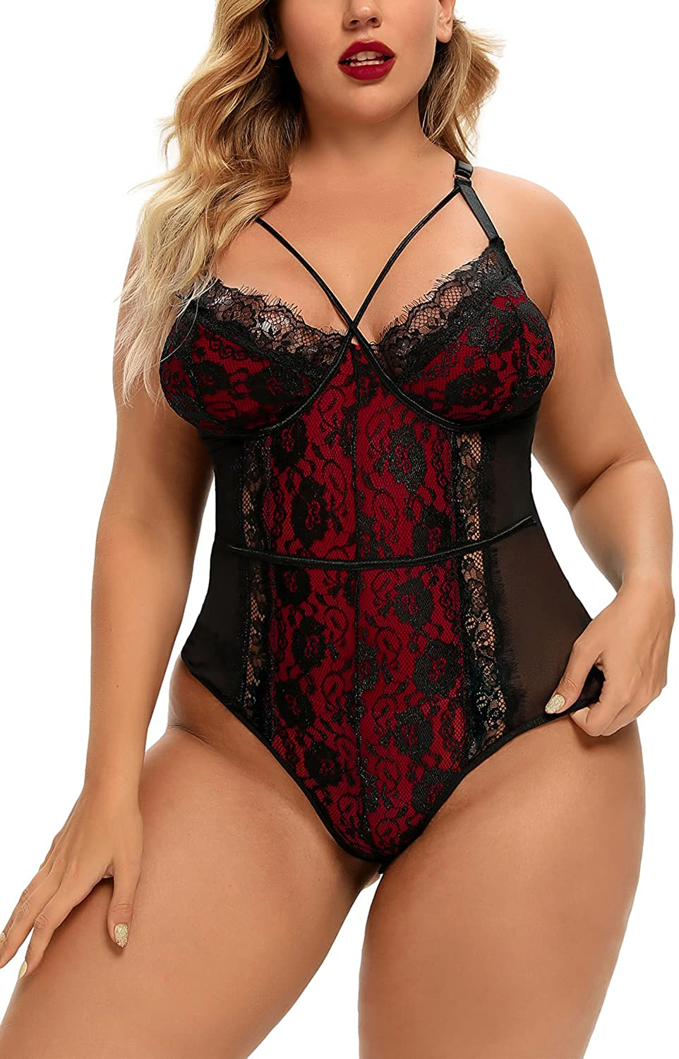 Plus Size Lingerie for Women Sexy Eyelash Lace Bodysuit Naughty Mesh One Piece Teddy Outfits Apparel & Accessories > Clothing > Underwear & Socks > Lingerie Ella Lust Black Red XX-Large