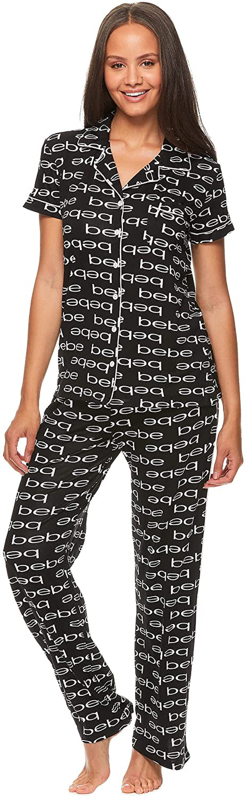 bebe Womens Button Down Short Sleeve Shirt and Pajama Pants Lounge Sleep Set Apparel & Accessories > Clothing > Sleepwear & Loungewear > Pajamas bebe Black Print Medium