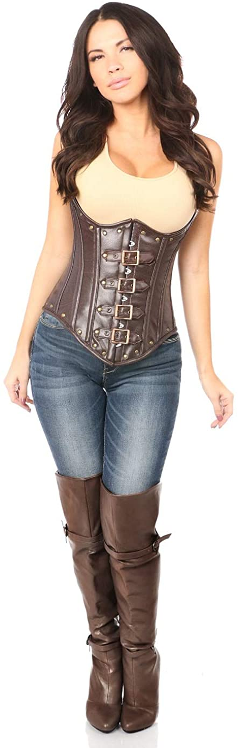 Daisy Corsets Top Drawer Steel Boned Distressed Faux Leather Underbust Corset Top Apparel & Accessories > Clothing > Underwear & Socks > Lingerie Daisy corsets Brown 2X
