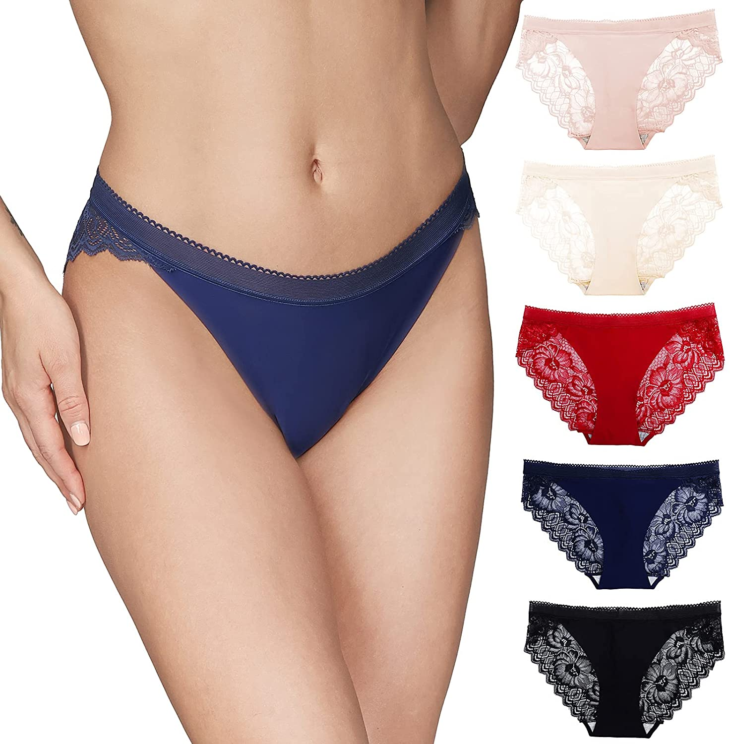 Talanes Women’S High Waisted Lace Underwear Sexy, Ladies Cheeky Lacy Panties Briefs , Soft Full Coverage Panty Multipack  Talanes Low Rise-pink/Skin/Wine Red/Navy Blue/Black 3X-Large