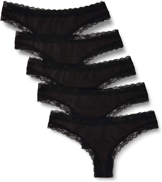 Iris & Lilly Women'S Cotton and Lace Thong Underwear, Pack of 5 Apparel & Accessories > Clothing > Underwear & Socks > Underwear Iris & Lilly Black XX-Large