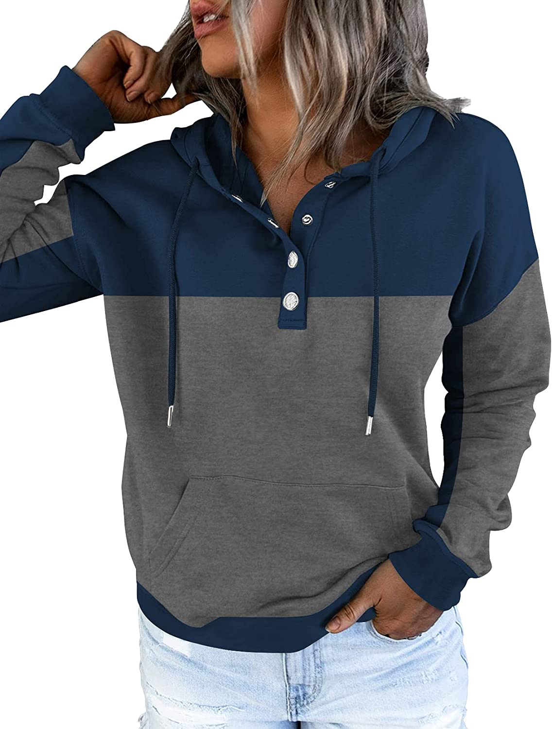ETCYY Women'S Color Block Hoodies Tops Long Sleeve Casual Drawstring Button down Pullover Sweatshirt with Pocket Apparel & Accessories > Clothing > Activewear Kylie Max