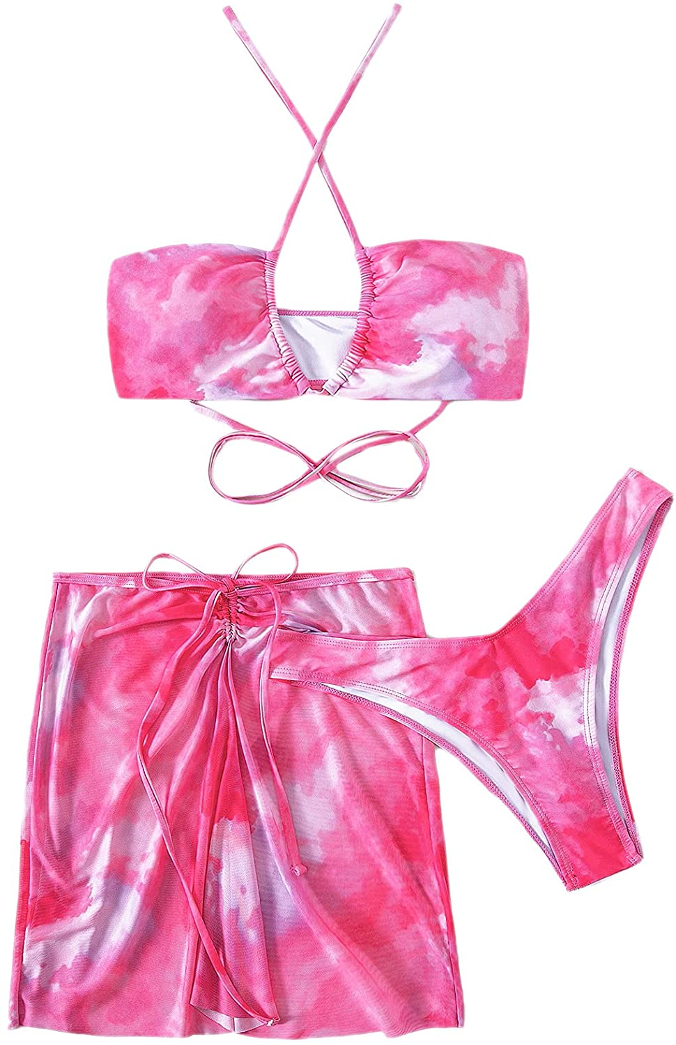SOLY HUX Women'S Tie Dye Wrap Bikini Bathing Suits with Mesh Beach Skirt 3 Piece Swimsuits Apparel & Accessories > Clothing > Underwear & Socks > Lingerie KYLIE MAX Pink Tie Dye Medium