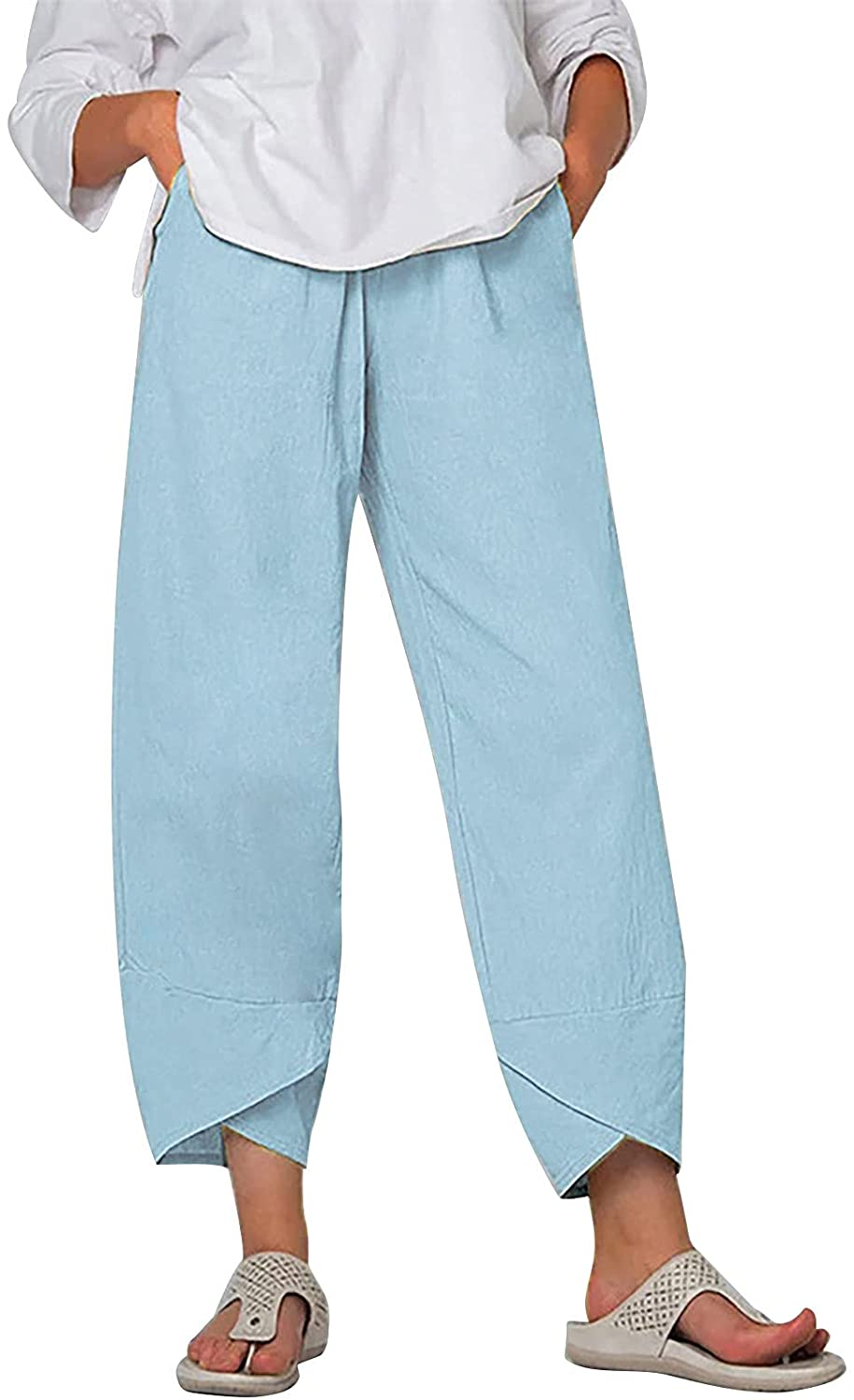 Burband Womens Summer Baggy Cotton Linen Cropped Work Pants Casual Drawstring Loose Beach Yoga Harem Pants plus Size S-6XL Apparel & Accessories > Clothing > Underwear & Socks > Shapewear Burband