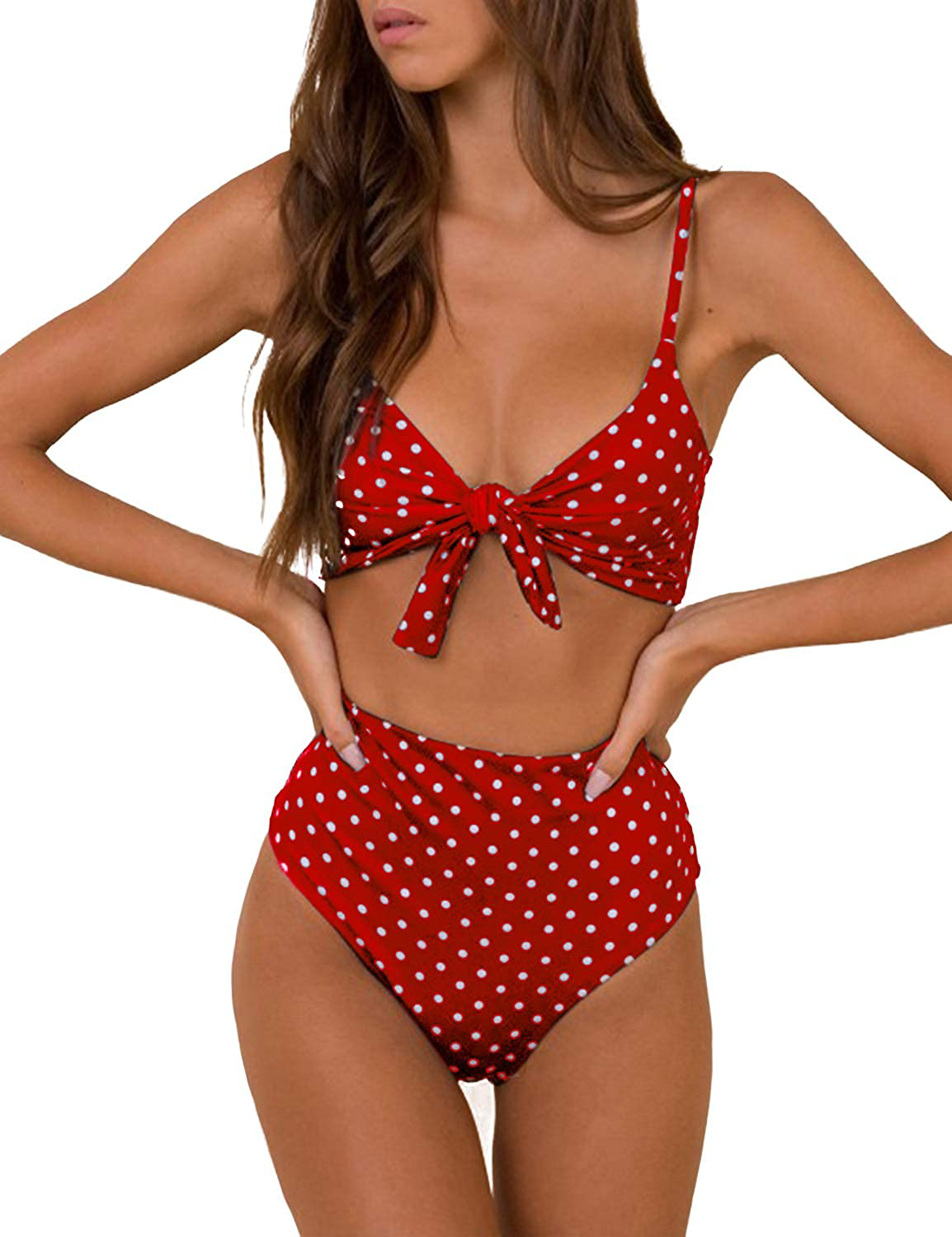 Blooming Jelly Womens High Waisted Bikini Set Tie Knot High Rise Two Piece Swimsuits Bathing Suits Apparel & Accessories > Clothing > Swimwear Blooming Jelly Red - Polka Dot Small