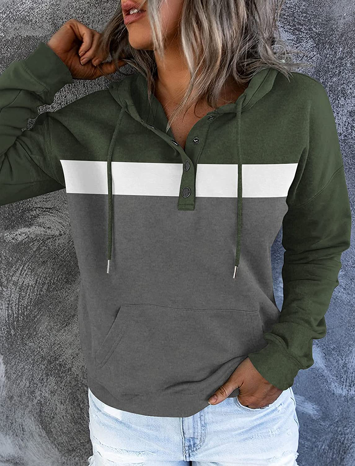 Women'S Casual Color Block Hoodies Long Sleeve Tops Button down Drawstring Pullover Sweatshirts with Pocket Apparel & Accessories > Clothing > Activewear Kylie Max