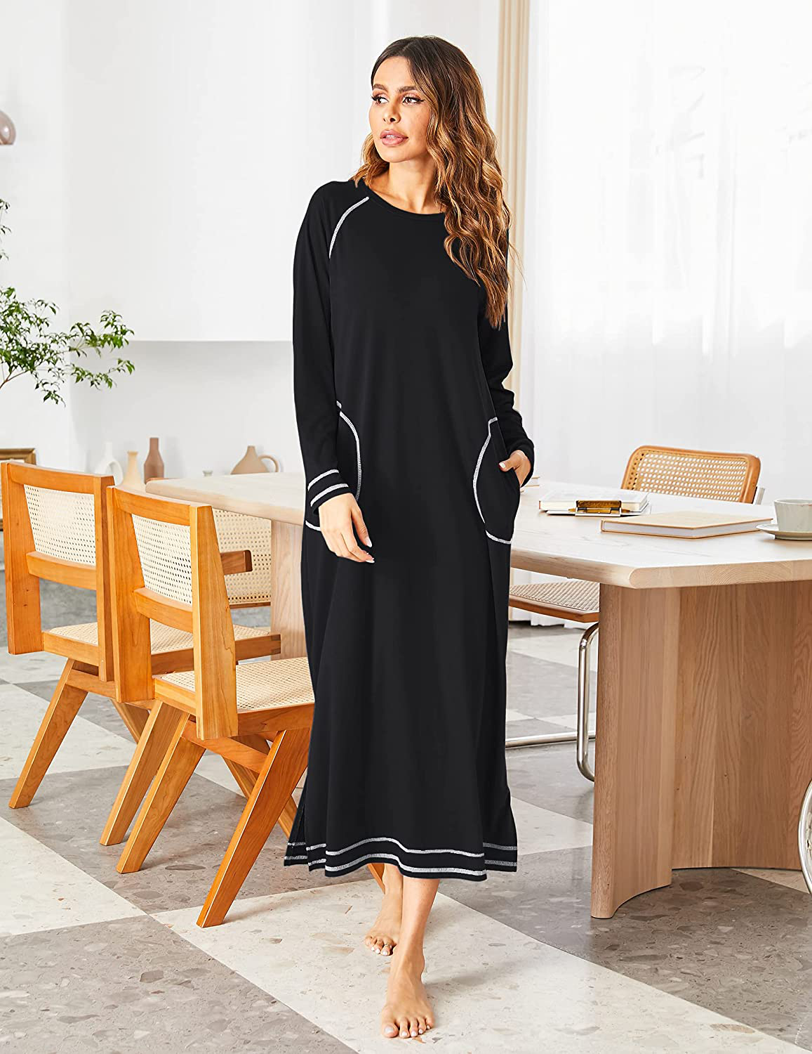 Ekouaer Women'S Nightshirt Long Sleeve Nightgown round Neck Sleepwear Full Length Pajama Dress with Pockets Loungewear S-XXL Apparel & Accessories > Clothing > Sleepwear & Loungewear > Nightgowns Kylie Max