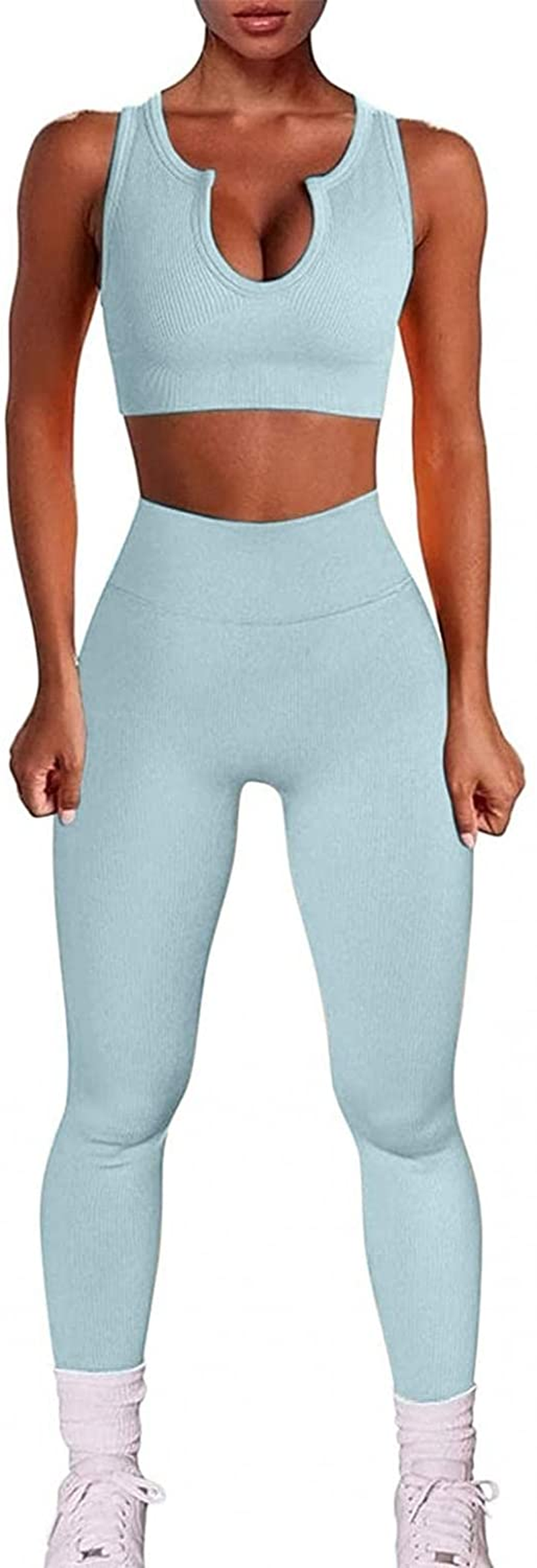 Burband Womens Solid Color 2 Piece Tracksuit High Waist Leggings Sport Bra Yoga Seamless Texture Bodysuit Workout Outfits Apparel & Accessories > Clothing > Underwear & Socks > Shapewear Burband
