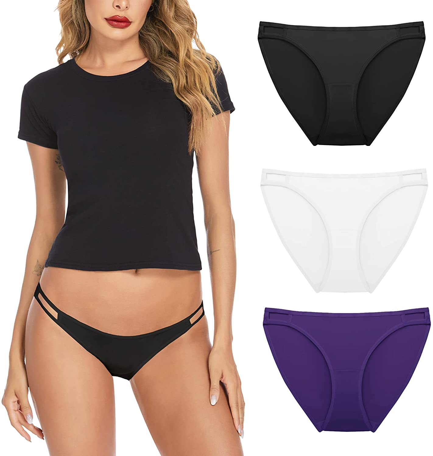 Ekouaer Sexy Ice Silk Bikini Underwear Panty Womens Seamless String Briefs Soft Stretch Breathable Invisible Panty 3 Pack Apparel & Accessories > Clothing > Underwear & Socks > Underwear Ekouaer Black/Purple/White (3 Pack) Small