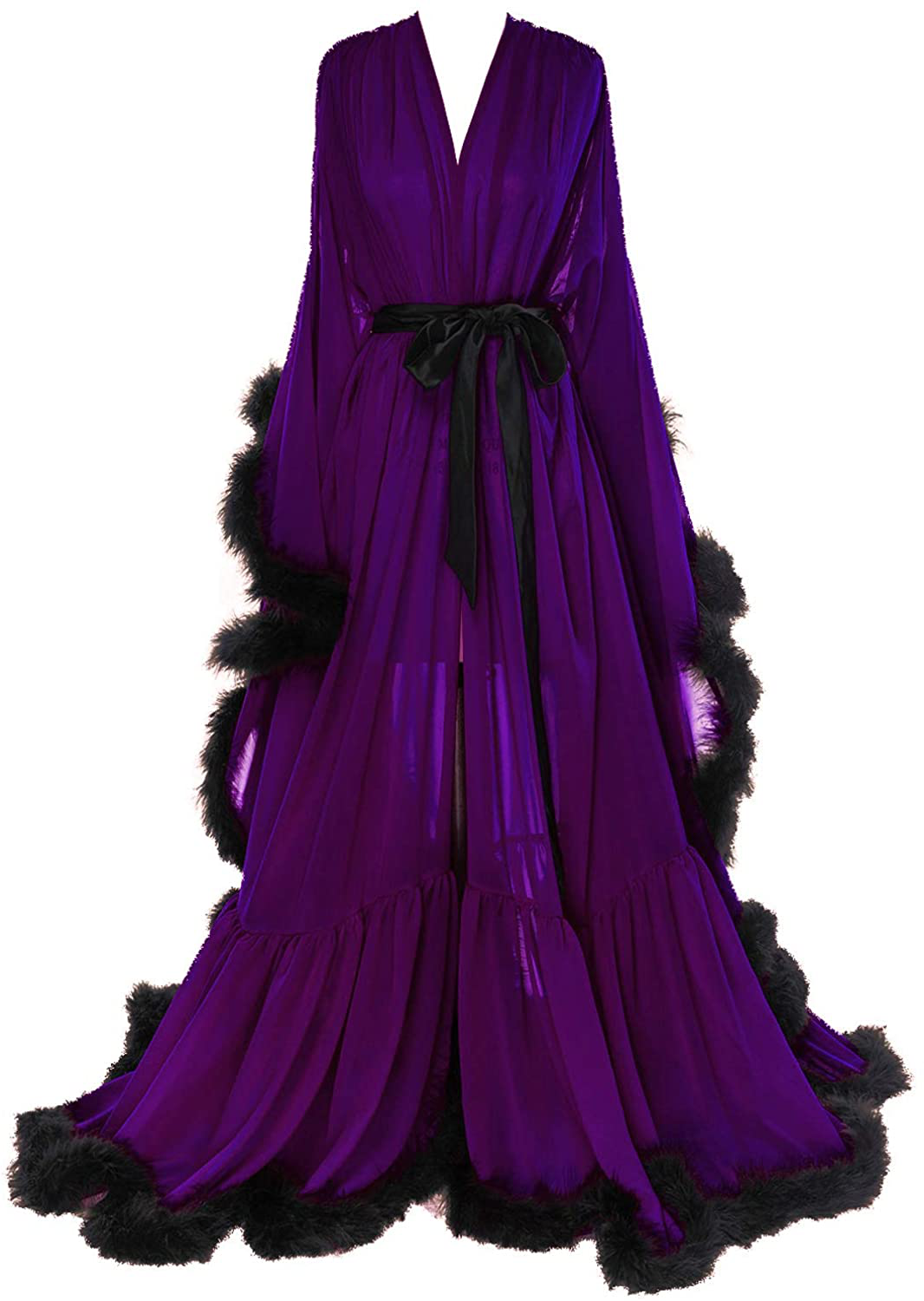 Molisa Women'S Sexy Feather Bridal Robe Long Wedding Scarf Illusion Bathrobe Sleepwear Lingerie Robe Nightgown Apparel & Accessories > Clothing > Sleepwear & Loungewear > Robes Molisa Plum+black XX-Large