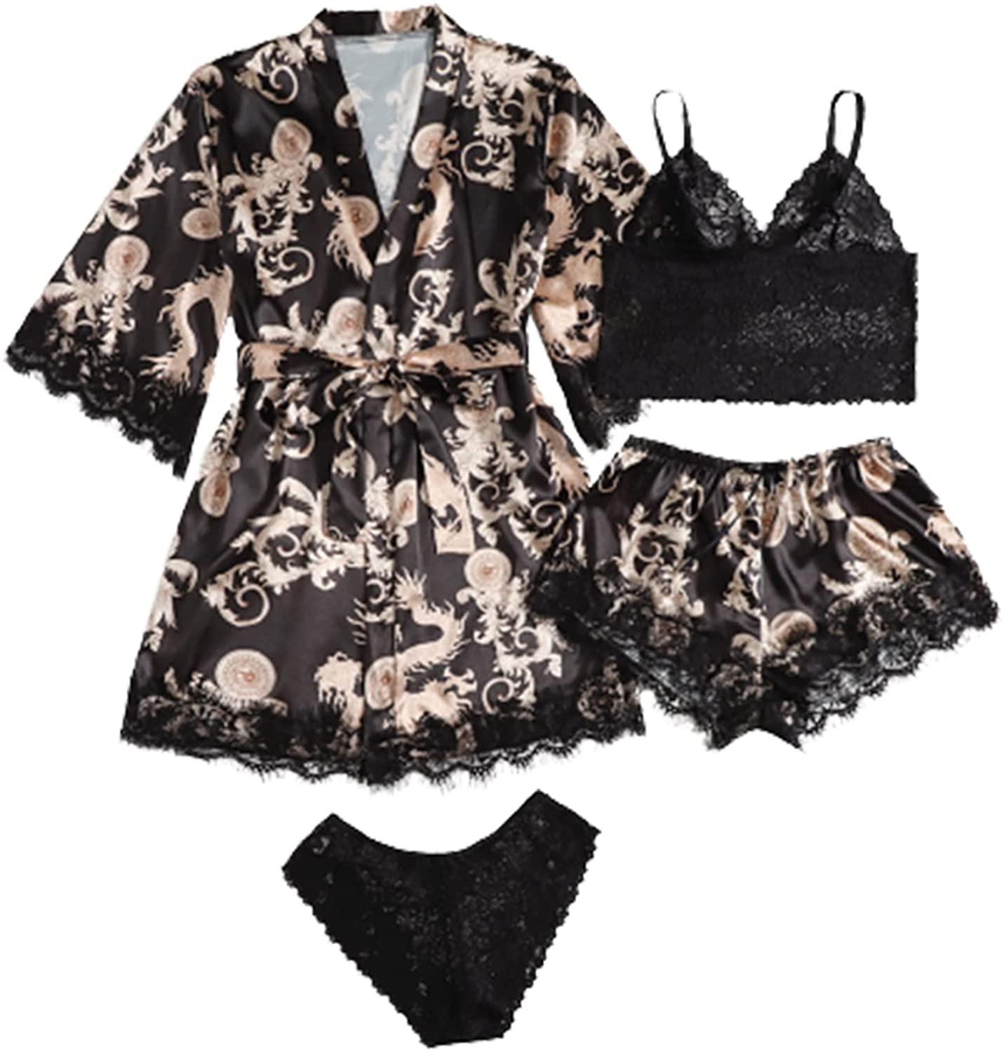 WDIRARA Women'S 4 Pieces Satin Floral Lace Cami Top Lingerie Pajama Set with Robe Apparel & Accessories > Clothing > Underwear & Socks > Lingerie WDIRARA Black Gold X-Large