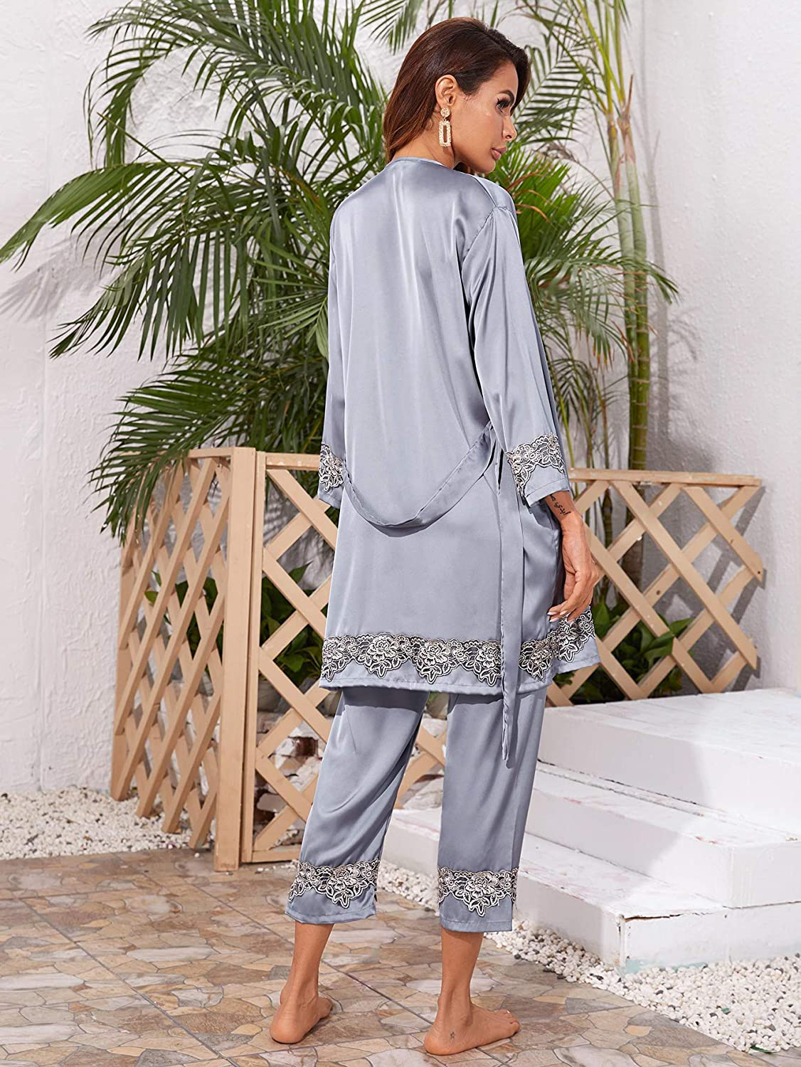 SOLY HUX Women'S Sleepwear 4Pcs Floral Print Satin Cami Pajama Set with Robe Apparel & Accessories > Clothing > Sleepwear & Loungewear Kylie Max