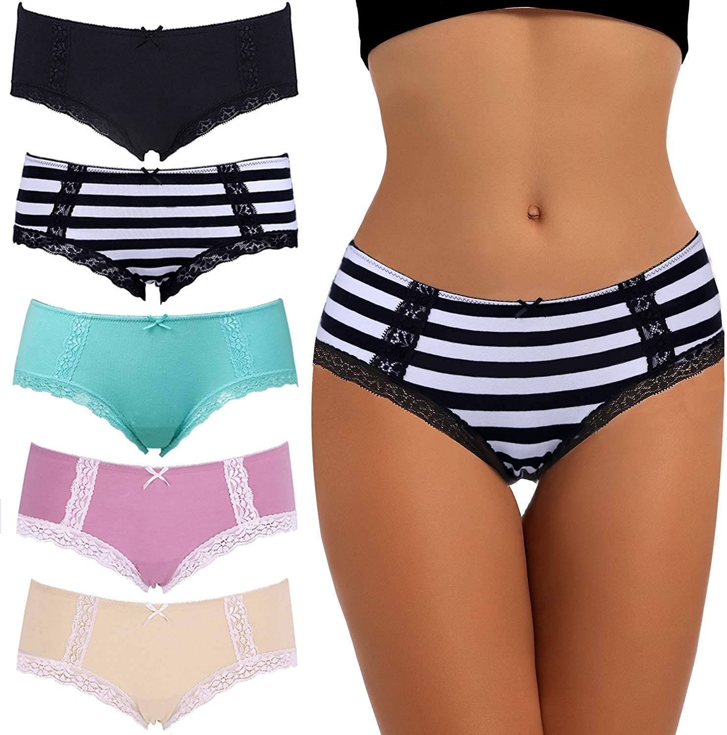 VEENXTHA Womens Underwear Panties Cotton Brief Lace Breathable Stretch Medium Waist Pack of 5 Apparel & Accessories > Clothing > Underwear & Socks > Underwear VEENXTHA Assorted of Color G XX-Large