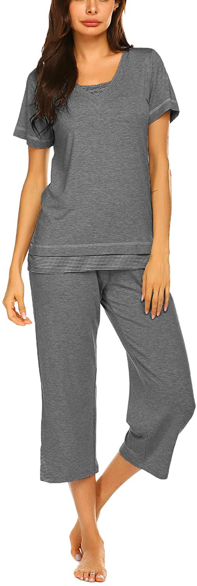 Ekouaer Women's Pajamas Set Soft V Neck Striped Sleepwear Top and Capri Pj Lounge Sets Apparel & Accessories > Clothing > Sleepwear & Loungewear > Pajamas Ekouaer Medium Grey X-Large