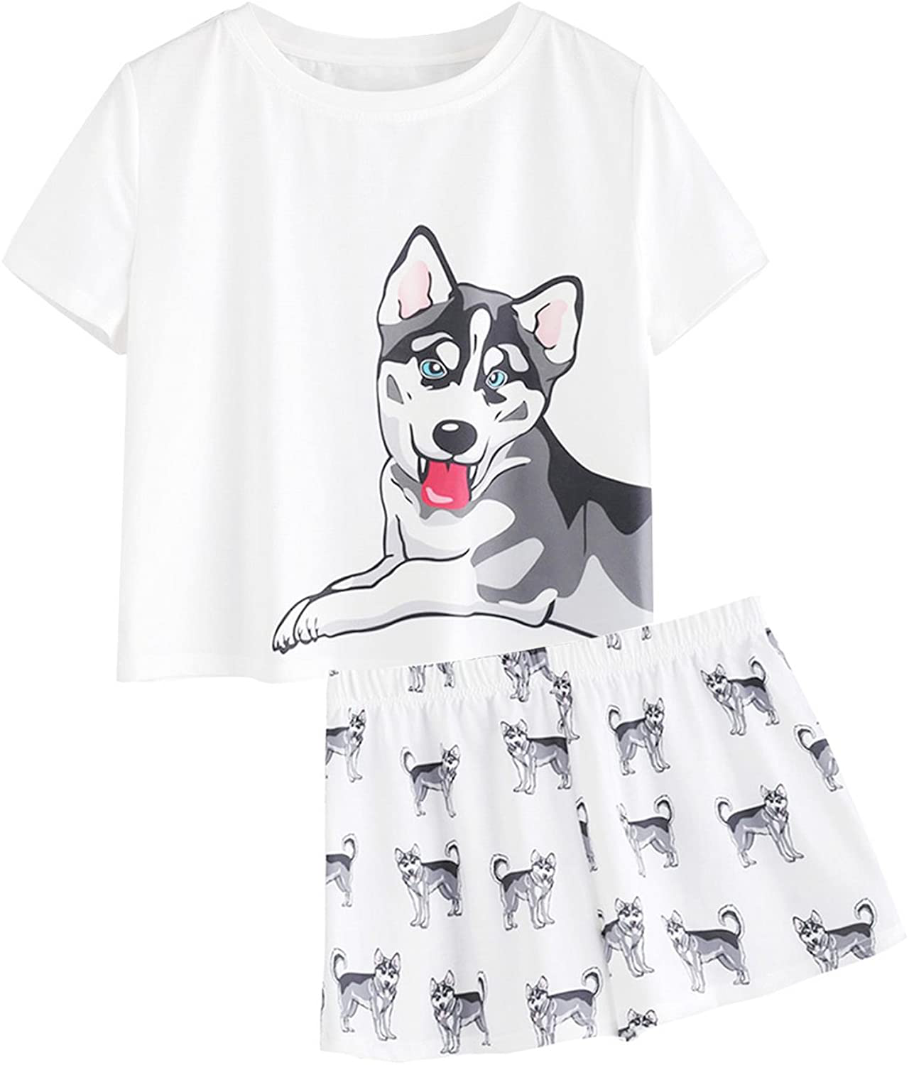 DIDK Women's Cute Cartoon Print Tee and Shorts Pajama Set Apparel & Accessories > Clothing > Sleepwear & Loungewear > Pajamas DIDK Dog White X-Large