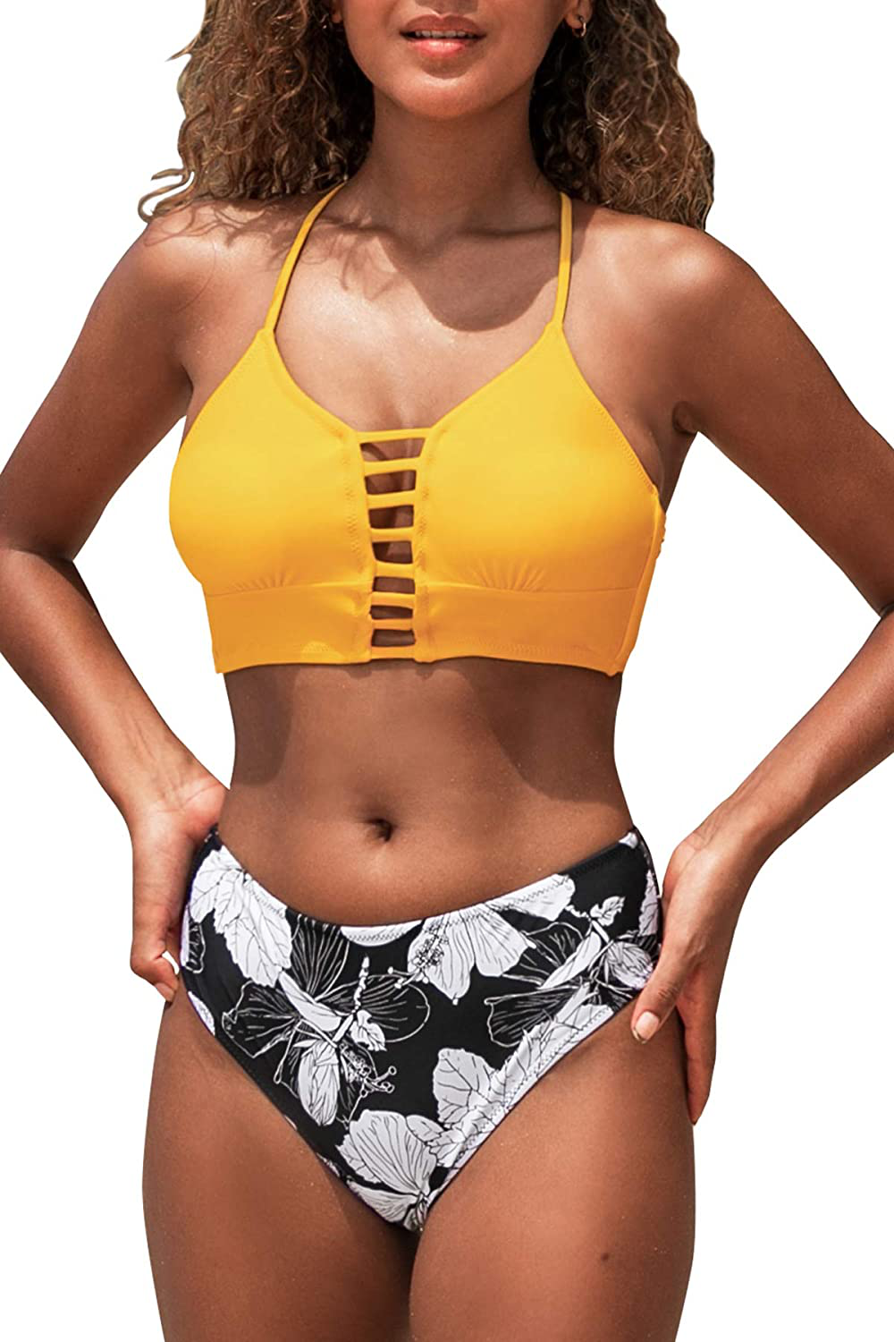 CUPSHE Women’s Bikini Swimsuit Floral Print Lace Up Multi Color Strappy Two Piece Bathing Suit Apparel & Accessories > Clothing > Swimwear CUPSHE Yellow Floral X-Small