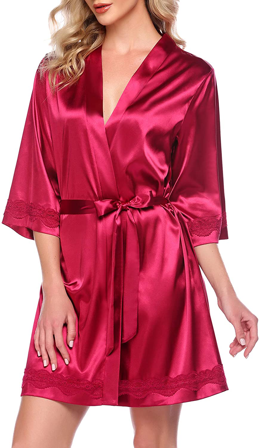 Ekouaer Women'S Lace-Trim Kimono Style Short Satin Robe Sleepwear with 3/4 Sleeve Apparel & Accessories > Clothing > Sleepwear & Loungewear > Robes Kylie Max