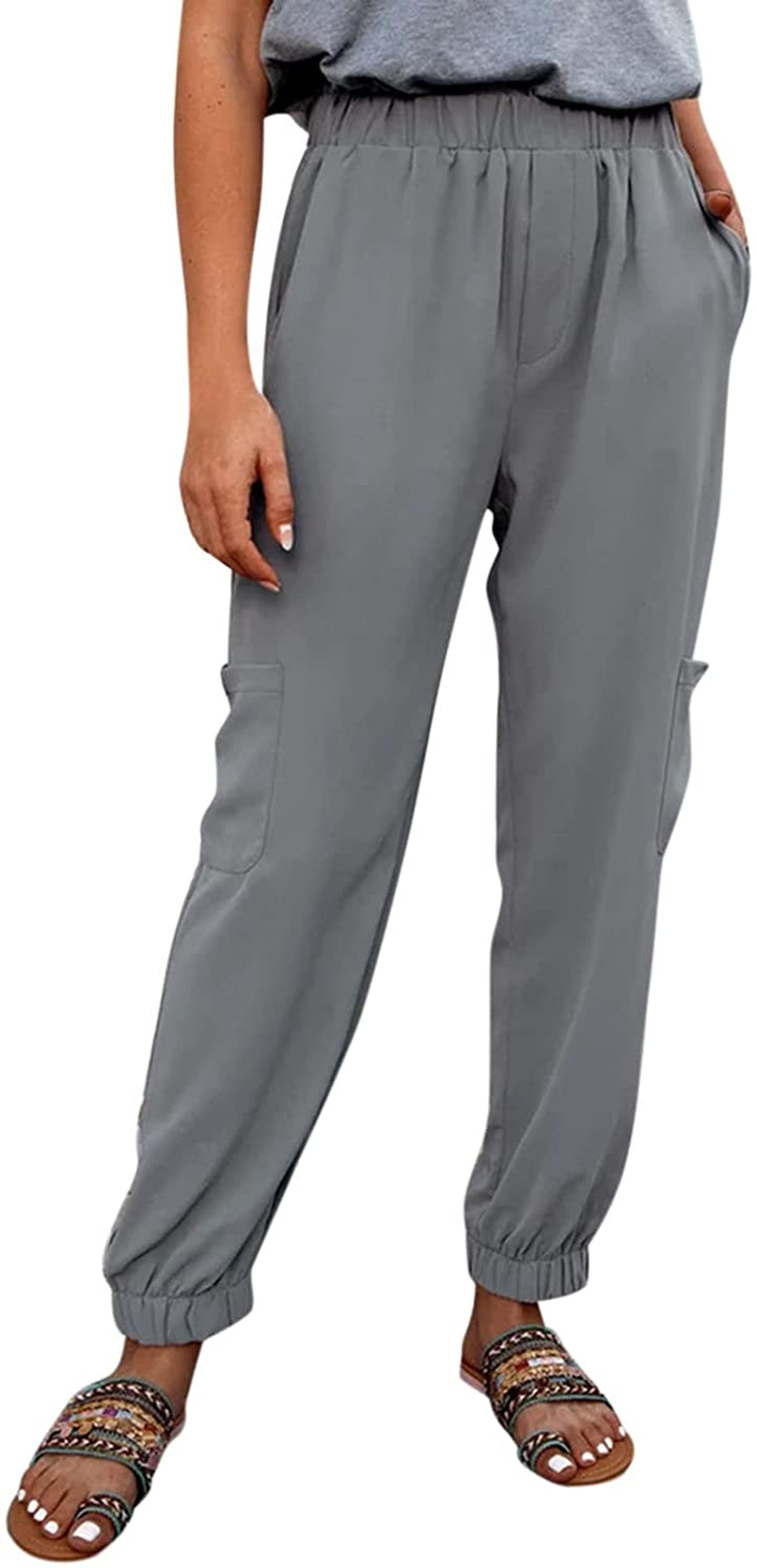 Burband Womens Cotton Elastic Waist Tactical Joggers Pants Cargo Sweatpants with Pockets Hiking Linen Yoga Lounge Trousers Apparel & Accessories > Clothing > Underwear & Socks > Shapewear Burband
