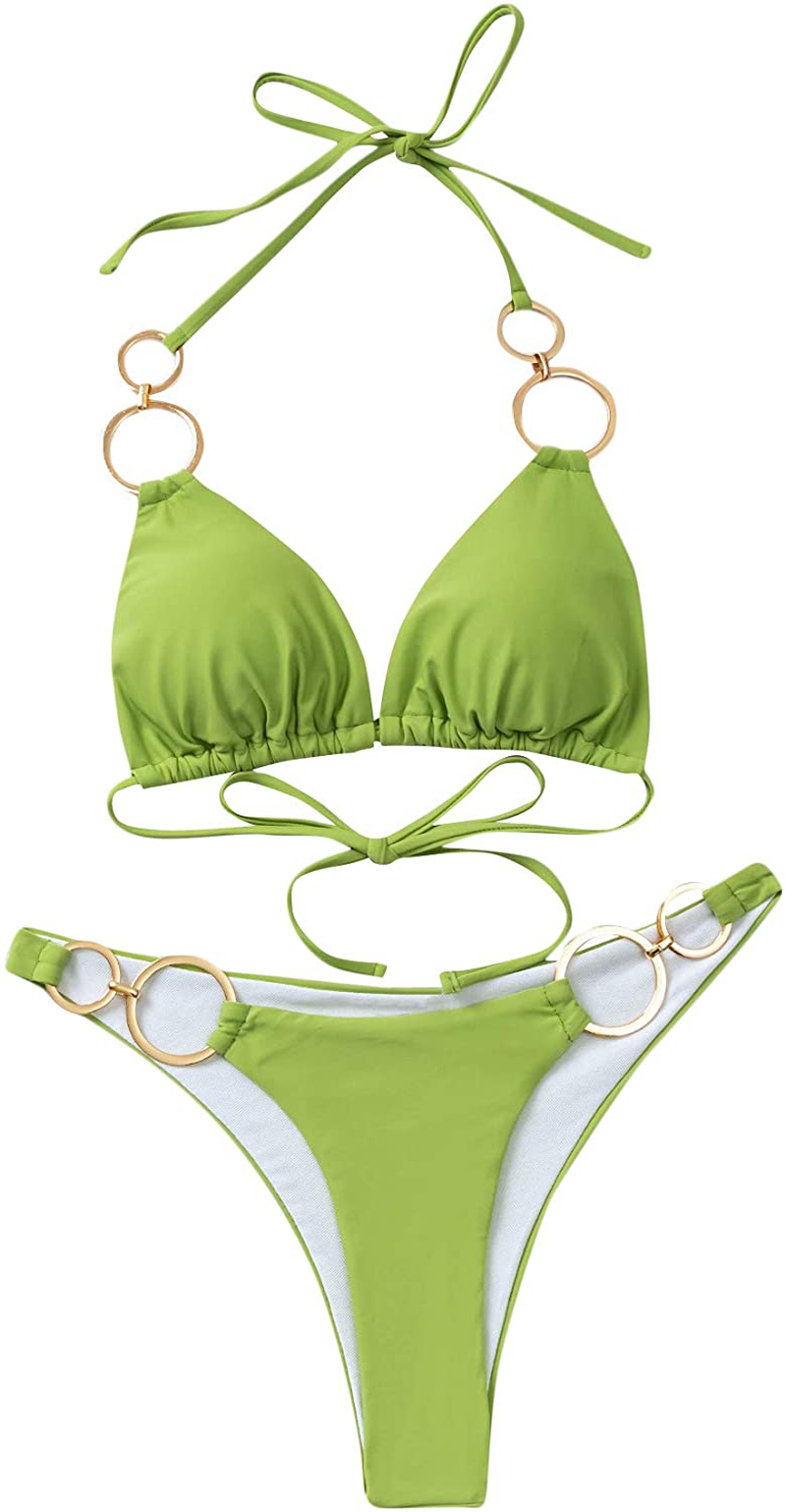 SOLY HUX Women's Print Tie Back Triangle Bikini Bathing Suits 2 Piece Swimsuits Apparel & Accessories > Clothing > Swimwear KYLIE MAX Pure Green Large