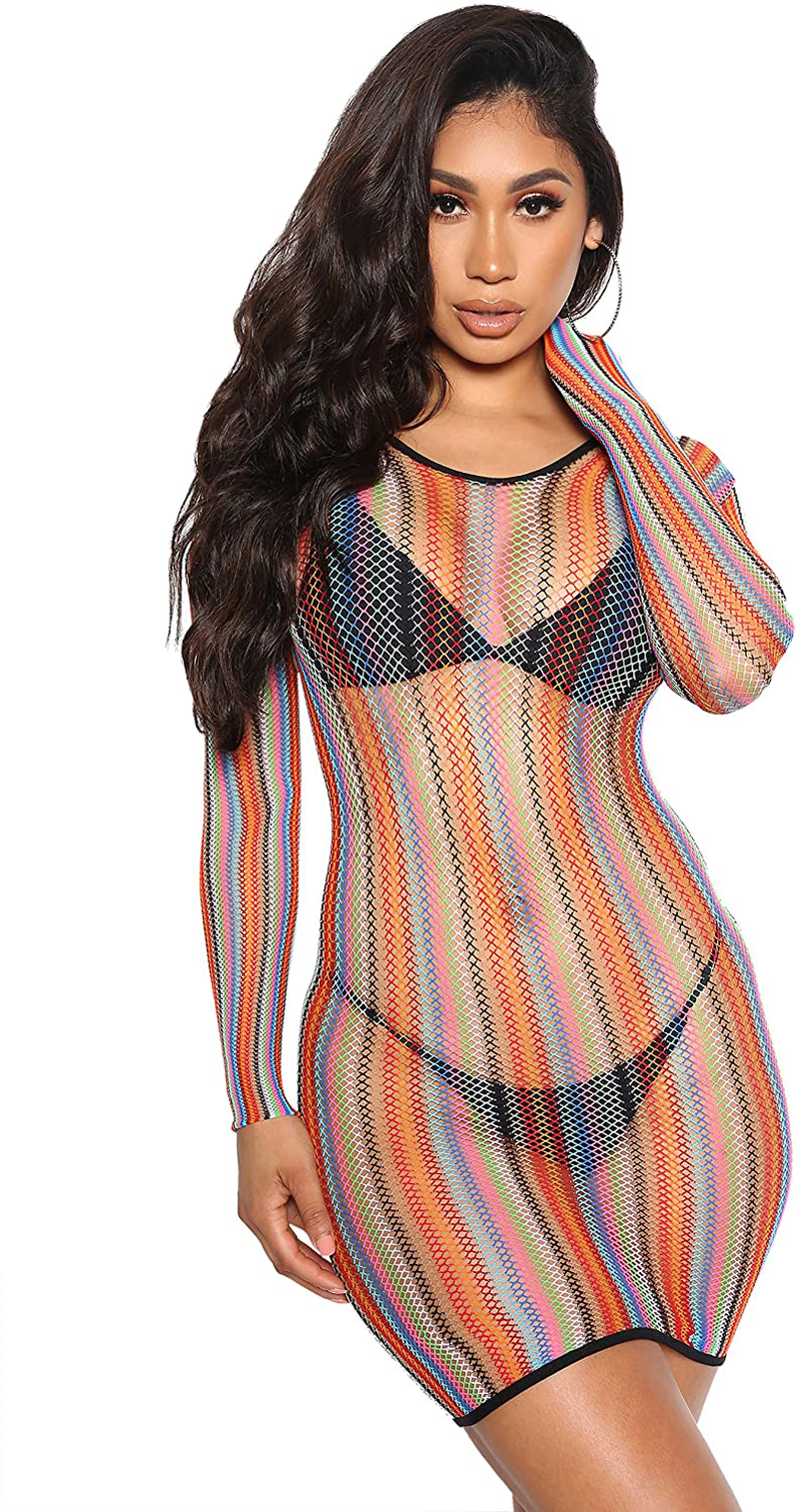 Rainbow Fishnet Cover up Dress Stretchy Swimsuit for Women Sexy Bikini See through Coverup Bodycon Miami Spring Break Beach Sheer Mesh Netted Lingerie Apparel & Accessories > Clothing > Swimwear Kylie Max