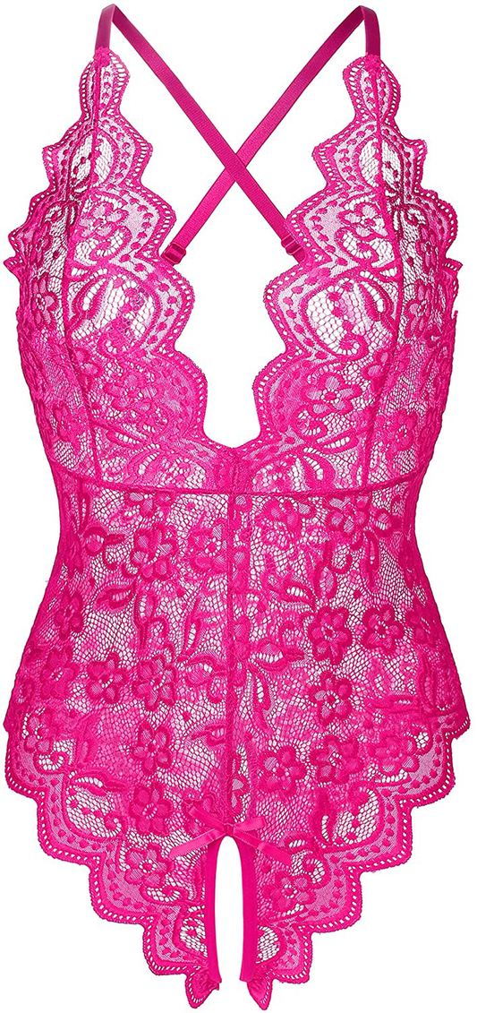 Donnalla Women's One Piece Teddy Plunging Lace Bodysuit Elegant Honeymoon Lingerie Apparel & Accessories > Clothing > Underwear & Socks > Lingerie Donnalla Rose Red Small