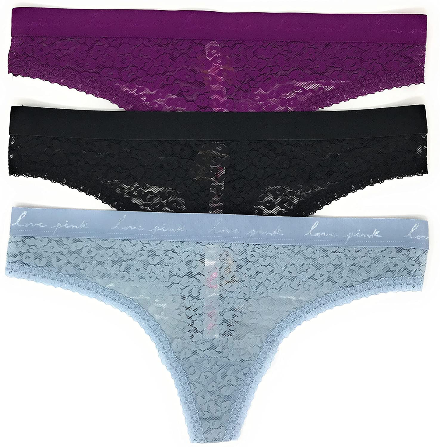 Victoria's Secret PINK Thong Panty Set of 3 Apparel & Accessories > Clothing > Underwear & Socks > Underwear Victoria's Secret Lace Violet Logos / Black / Lt Teal Logos Medium