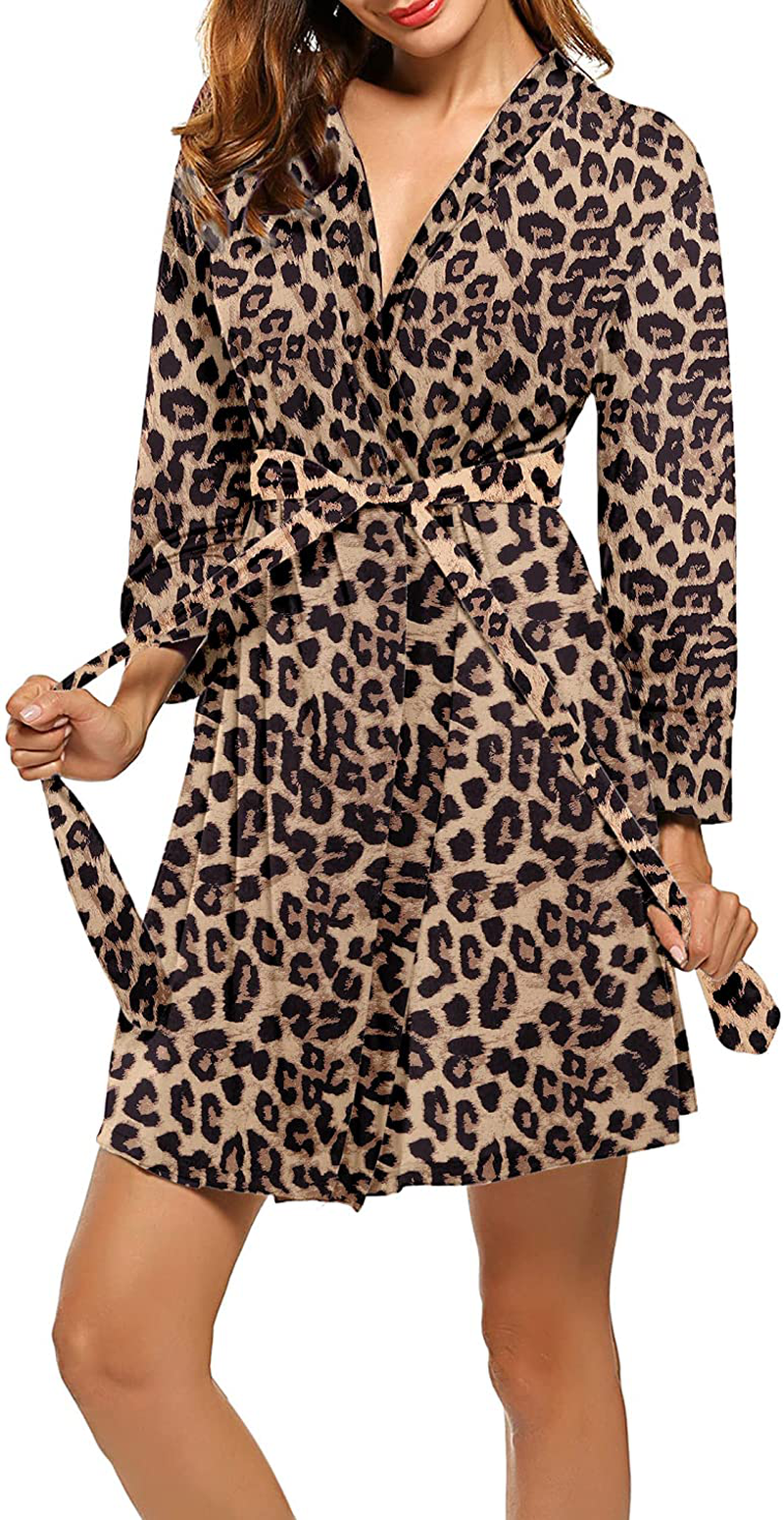 Hotouch Womens Robe Lightweight Kimono Robes Short Knit Bathrobe Soft Sleepwear Ladies Loungewear S-XXL Apparel & Accessories > Clothing > Sleepwear & Loungewear > Robes Hotouch Leopard Khaki Small