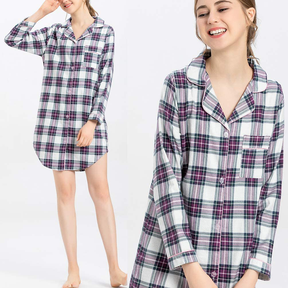 ENJOYNIGHT Women'S Sleep Shirt Flannel Print Pajama Top Button-Front Nightshirt Sleepwear Apparel & Accessories > Clothing > Sleepwear & Loungewear > Nightgowns Kylie Max