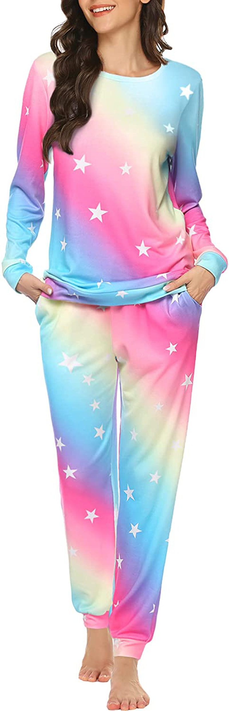 Ekouaer Womens Pajama Set Long Sleeve Sleepwear Star Print Nightwear Soft Pjs Lounge Sets with Pockets Apparel & Accessories > Clothing > Sleepwear & Loungewear > Pajamas Ekouaer A-rainbow White Star Medium