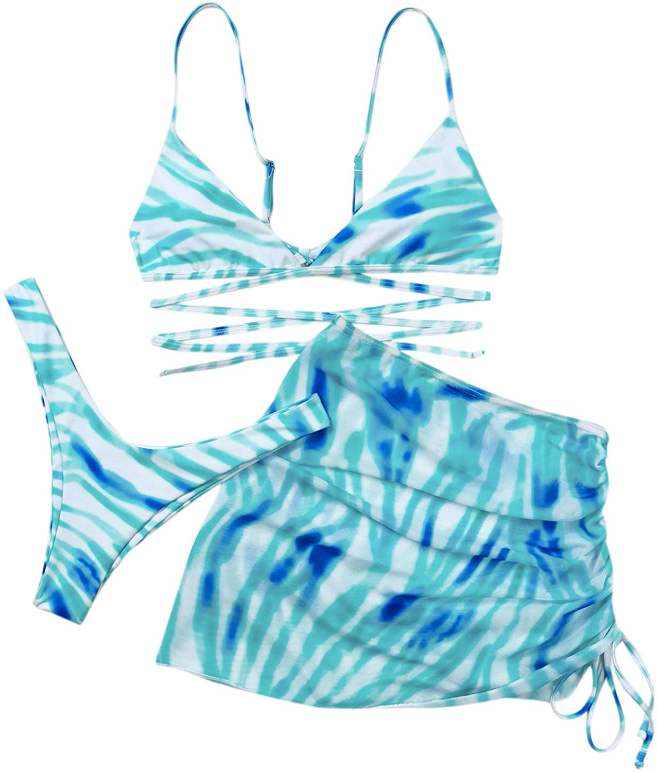 SOLY HUX Women'S Tie Dye Wrap Bikini Bathing Suits with Mesh Beach Skirt 3 Piece Swimsuits Apparel & Accessories > Clothing > Underwear & Socks > Lingerie KYLIE MAX Blue White Small