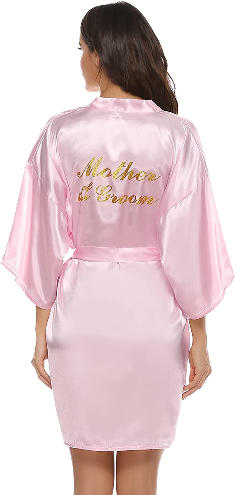Vlazom Women'S Satin Robe Short Kimono for Bride & Bridesmaid Wedding Party Robes with Gold Glitter or Rhinestones Apparel & Accessories > Clothing > Sleepwear & Loungewear > Robes KYLIE MAX Pink(mother of the Groom) Small