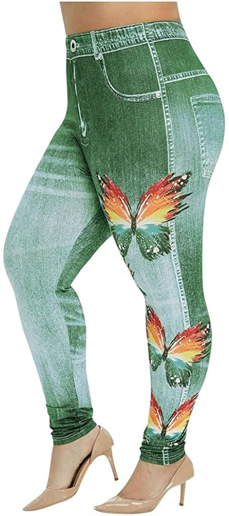 Burband Womens plus Size Stretch Drawstring Stretch Floral Print Jersey Capri Leggings High Rise Skinny Jeans Pants S-5XL Apparel & Accessories > Clothing > Underwear & Socks > Shapewear Burband 1green Large