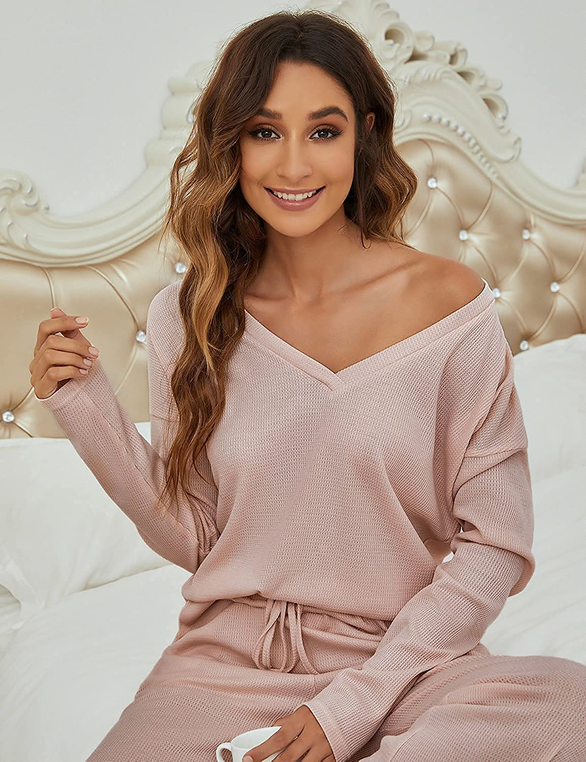 Blooming Jelly Womens Waffle Lounge Set Long Sleeve Shirt with Pockets Palazzo Pants Two Piece Outfits Apparel & Accessories > Clothing > Sleepwear & Loungewear > Pajamas Blooming Jelly