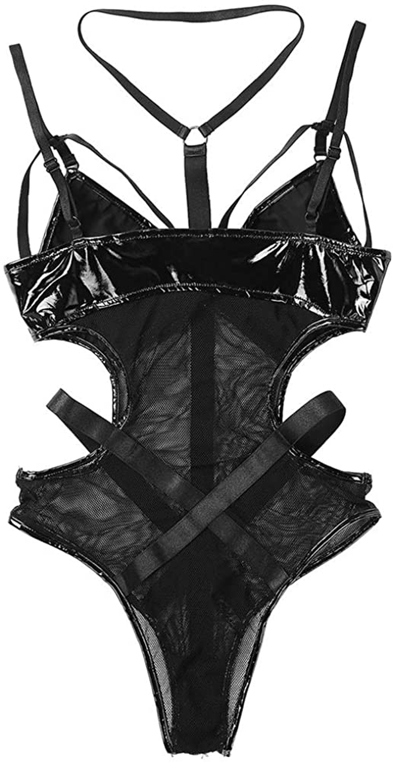 Crubelon Women’s Lingerie Leather Bodysuit Mesh Patchwork Halter Neck High Cut Leotard Bodysuit Clubwear … Apparel & Accessories > Clothing > Underwear & Socks > Lingerie Crubelon