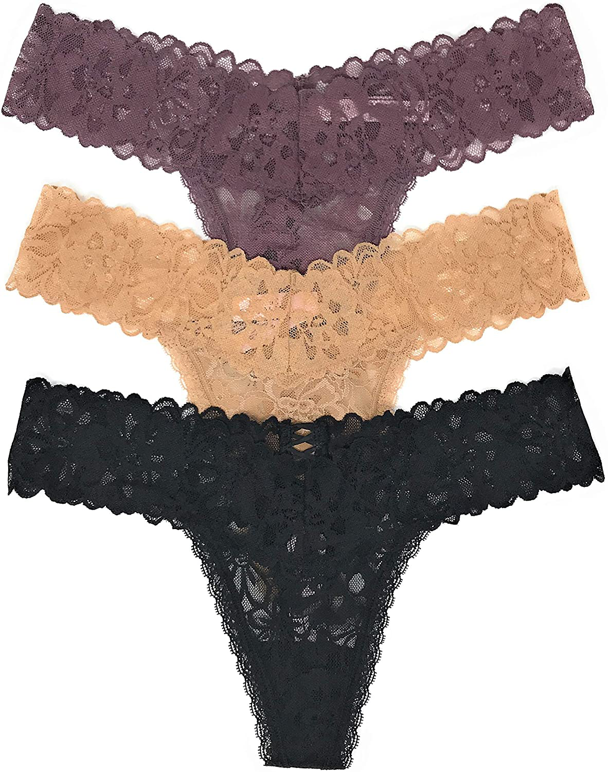 Victoria's Secret The Lacie Thong Panty Set of 3 Apparel & Accessories > Clothing > Underwear & Socks > Underwear Victoria's Secret Grape / Nude / Black Cross Medium