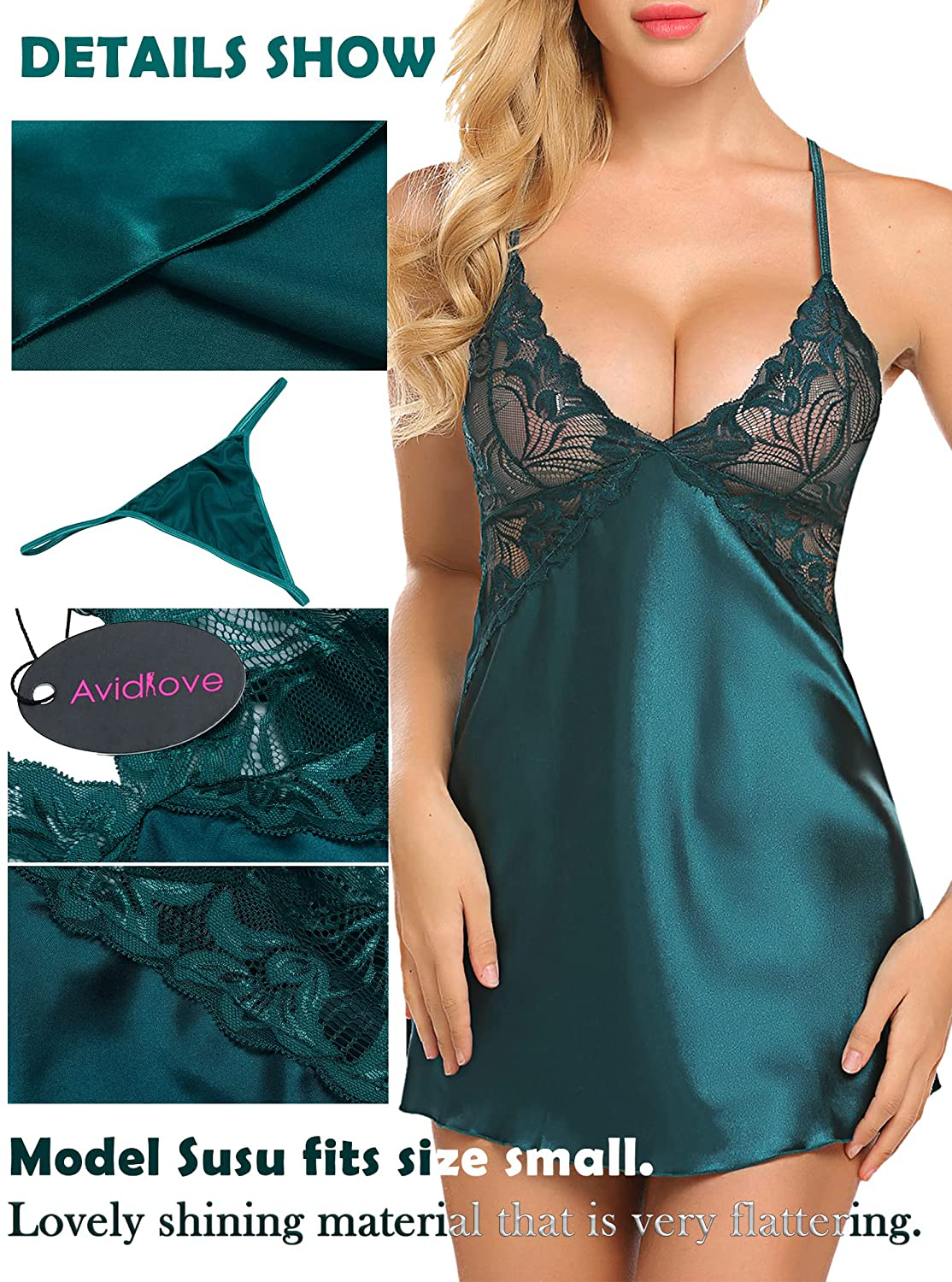 Avidlove Women Lingerie V Neck Nightwear Satin Sleepwear Lace Chemise Mini Teddy Apparel & Accessories > Clothing > Underwear & Socks > Lingerie Kylie Max