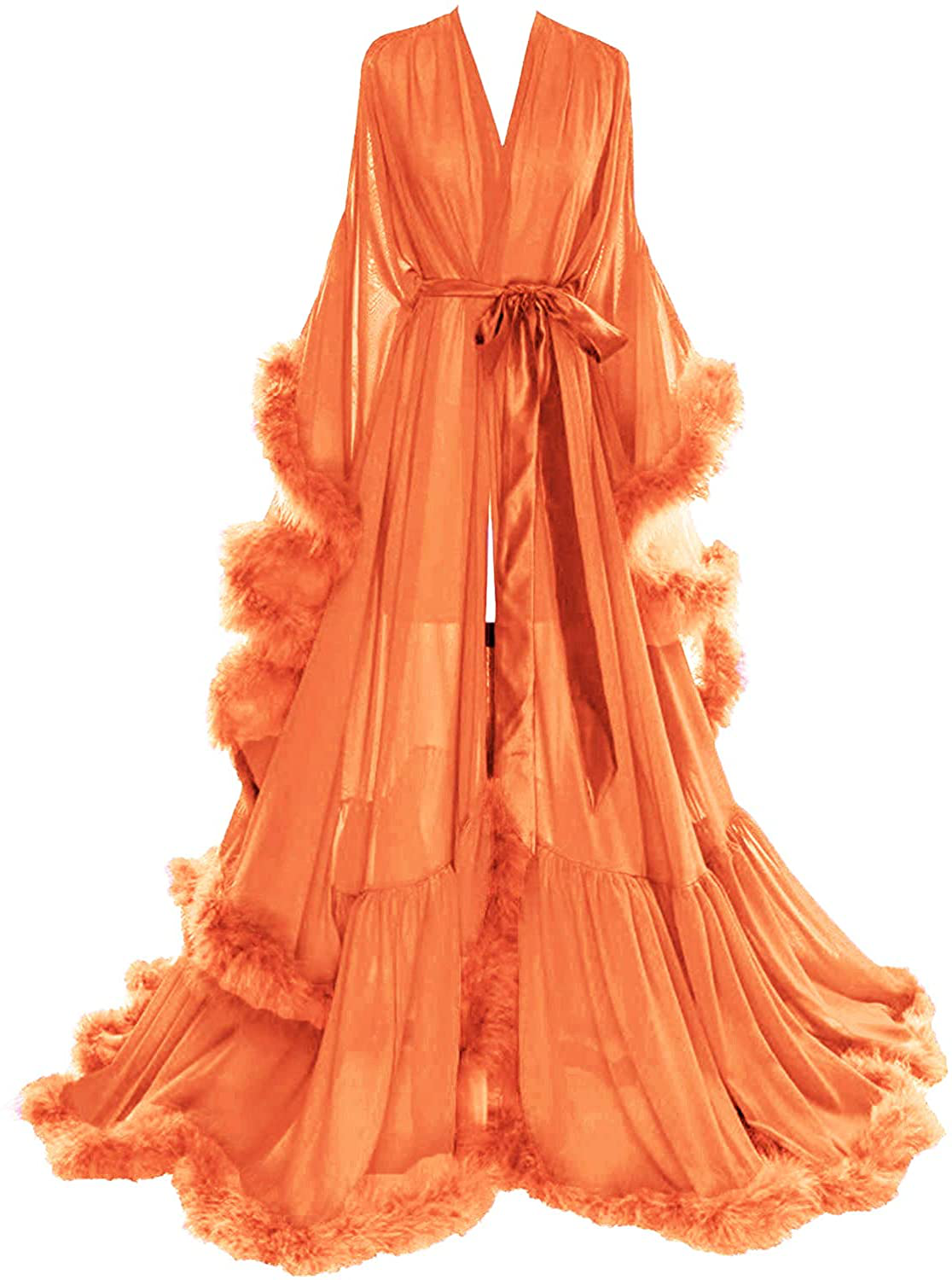 Molisa Women'S Sexy Feather Bridal Robe Long Wedding Scarf Illusion Bathrobe Sleepwear Lingerie Robe Nightgown Apparel & Accessories > Clothing > Sleepwear & Loungewear > Robes Molisa Orange Large-X-Large