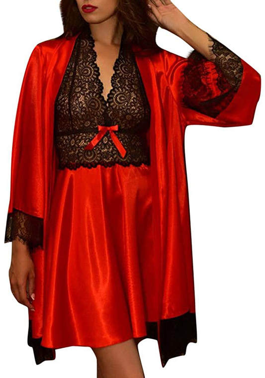 Women Satin Sleepwear Kimono Robe Sexy Lace Bodysuit Babydoll Lingerie Nightdress Pajamas Set Apparel & Accessories > Clothing > Underwear & Socks > Lingerie MOOKO Red XX-Large