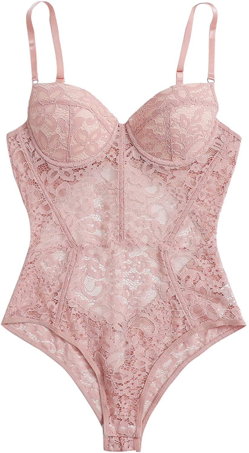 Verdusa Women's Backless Floral Lace Sheer Underwire One Piece Teddy Bodysuit Apparel & Accessories > Clothing > Underwear & Socks > Lingerie Verdusa Pink Small